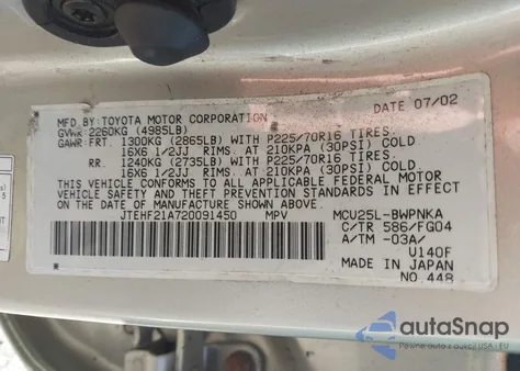 2002 Toyota Highlander Limited V6/V6 из США, поврежденный, VIN JTEHF21A720091450